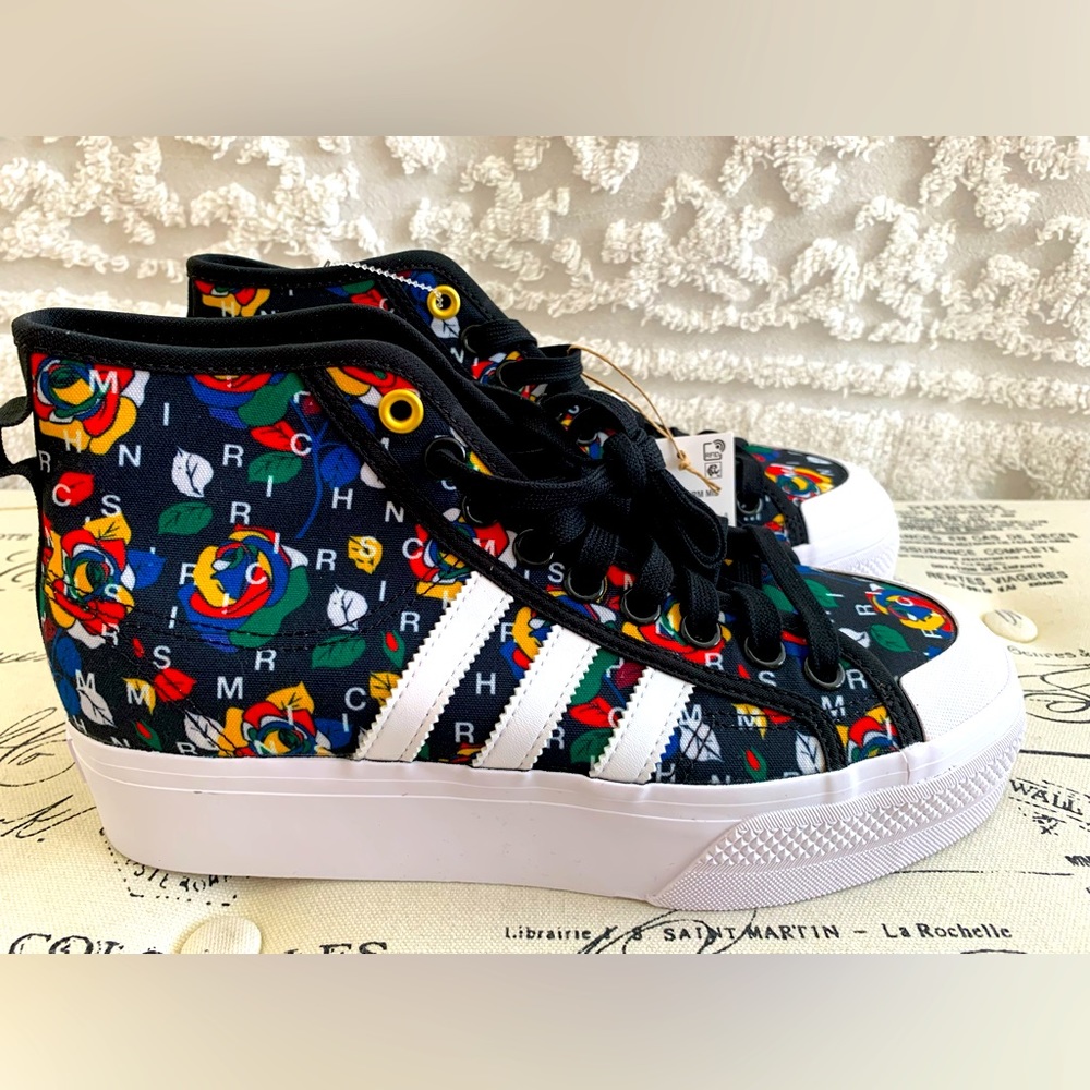 NEW Adidas Nizza High-Top Sneakers: Black, MultiColor Print, Logo9.5